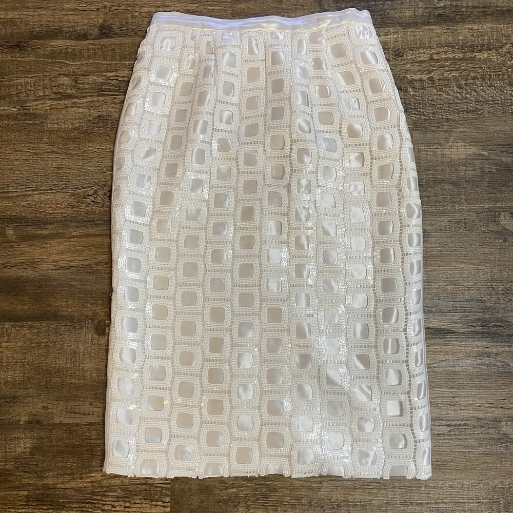 White Cut-Out Sequin Pencil Skirt Size 14 High Waist Formal‎ Party Evening Glam